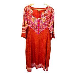 IslaPayal Ikat Pink Taormina Dress Kaftan Small Coral 3/4 Sleeve 100% Cotton
